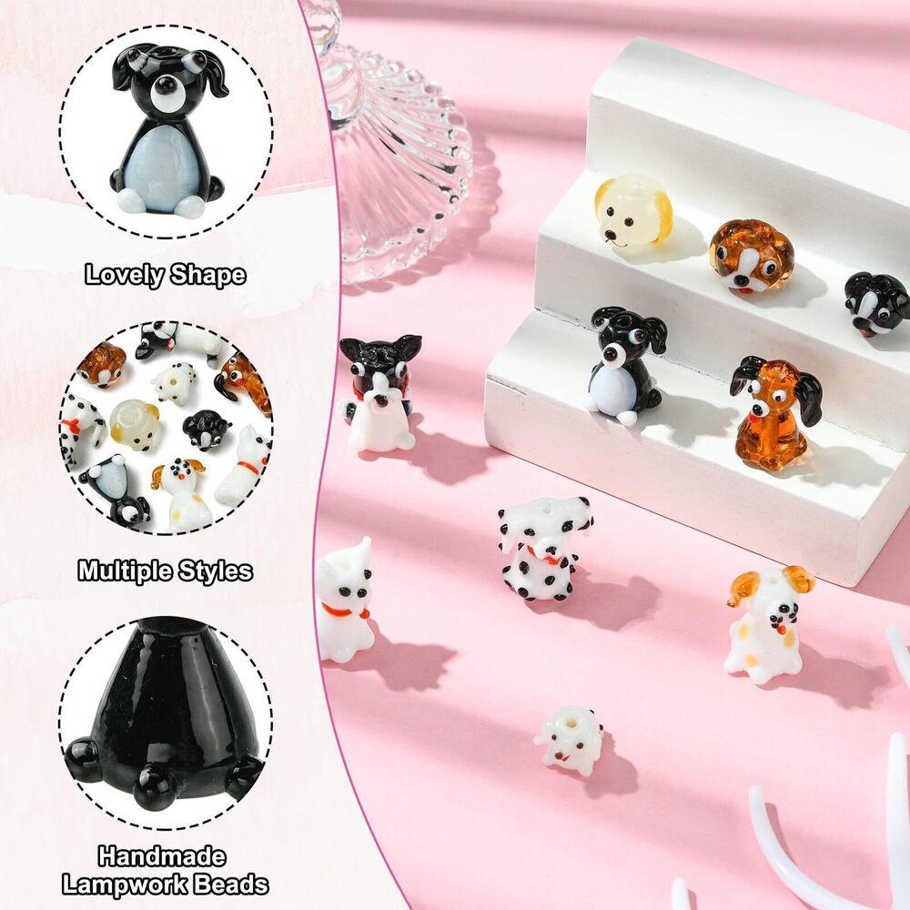 4056 10Pcs 10 Styles Dog Lampwork Beads Handmade Glass Animal Puppy Beads - Picture 3 of 8